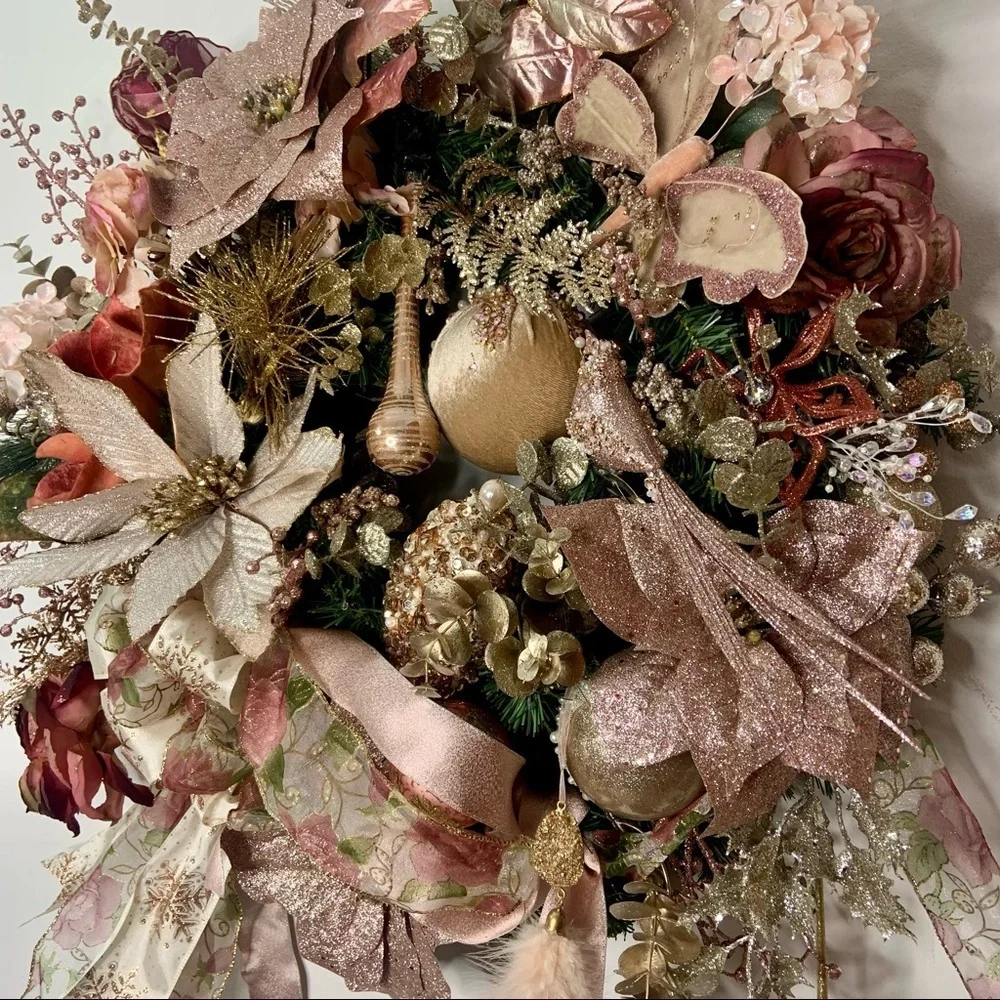Rose Gold Blush Christmas Poinsettias Door Wall Wreath Romantic Victorian Wreath